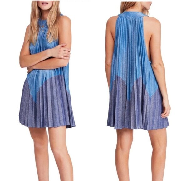 Free People Blue Pleated Love Mode Retro Dress Shift Mini New Year's Eve S - Picture 1 of 8